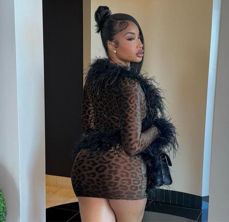 Leopard Feather Patchwork Cardigan 2pcs Skirt Sets