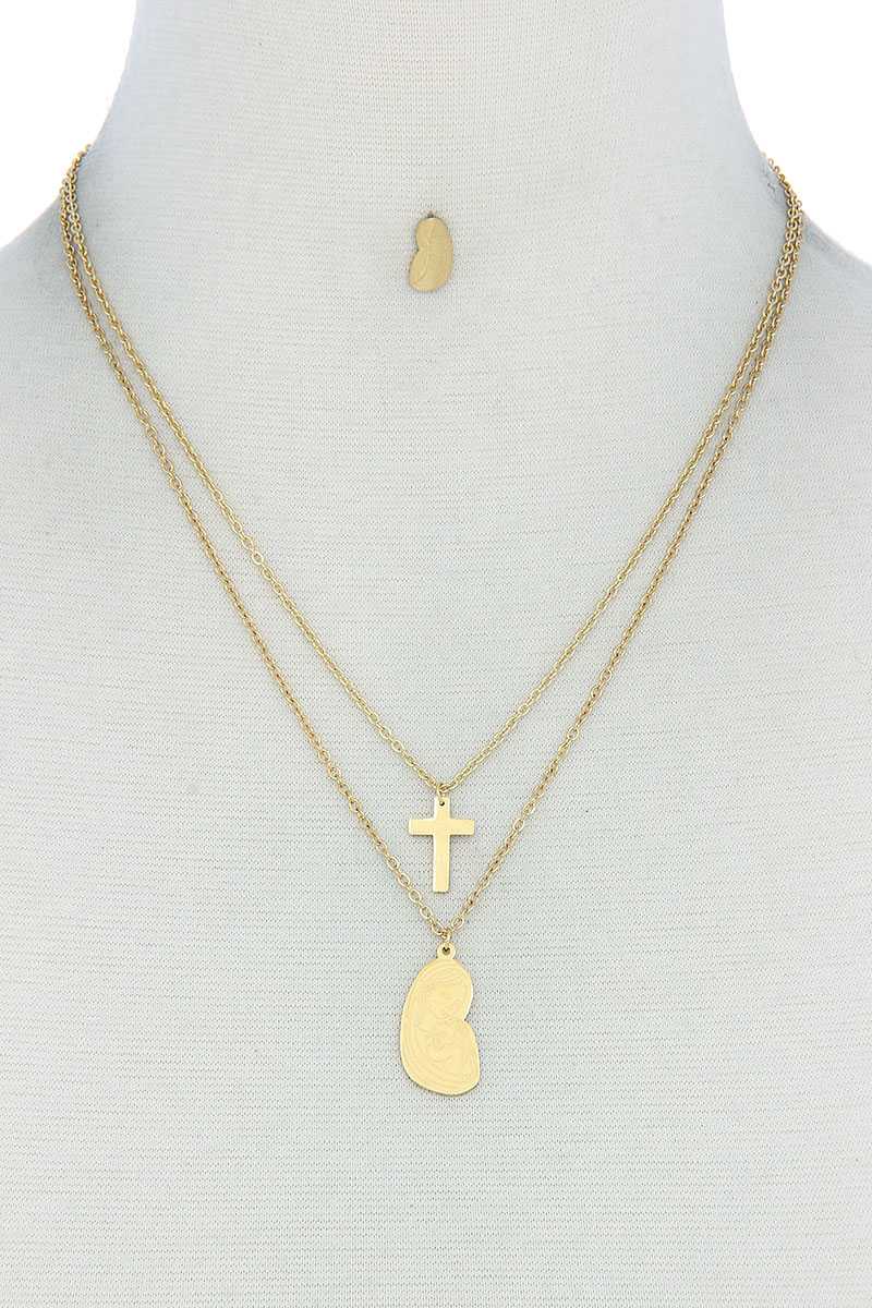 Ensemble élégant de collier et de boucles d'oreilles à double couche avec croix et Marie
