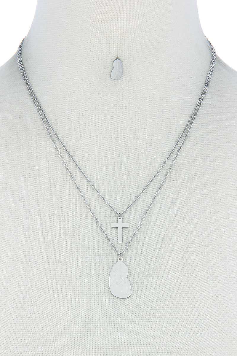 Ensemble élégant de collier et de boucles d'oreilles à double couche avec croix et Marie