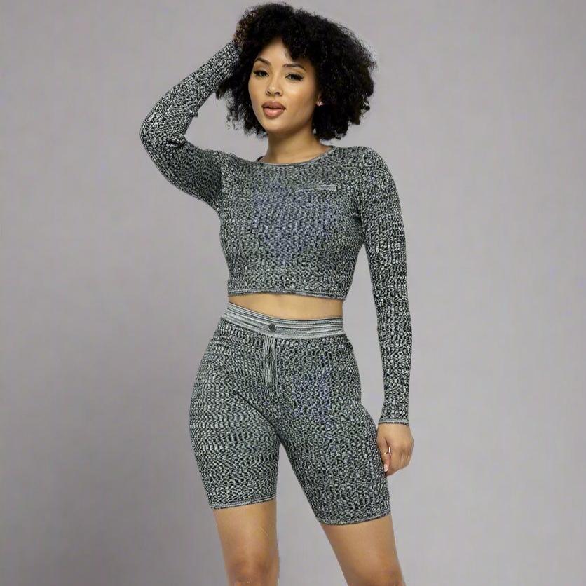 Knit Long Sleeve Cropped Top Knit High-waist Biker Shorts Set