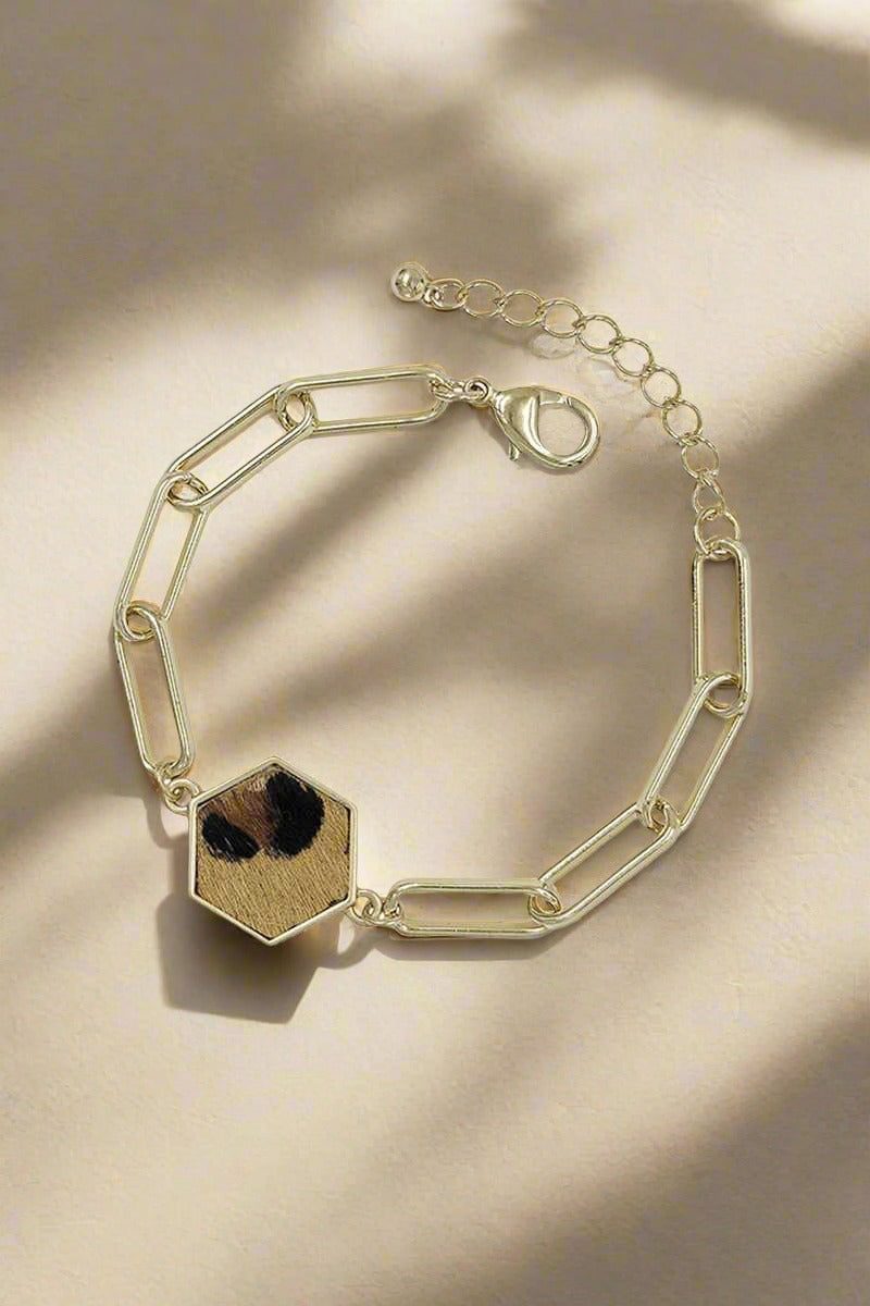 Bracelet en cuir de veau léopard avec chaîne à épingle à vêtements en métal
