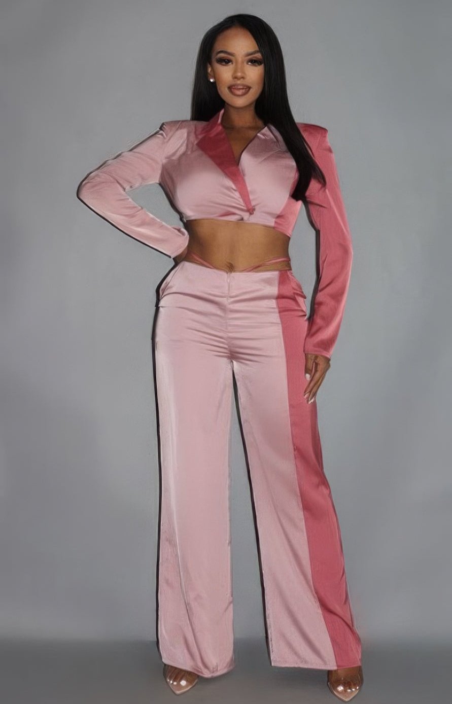 Colorblock Crop Blazer With Matching Low Rise Wide Leg Pant Set With Pockets