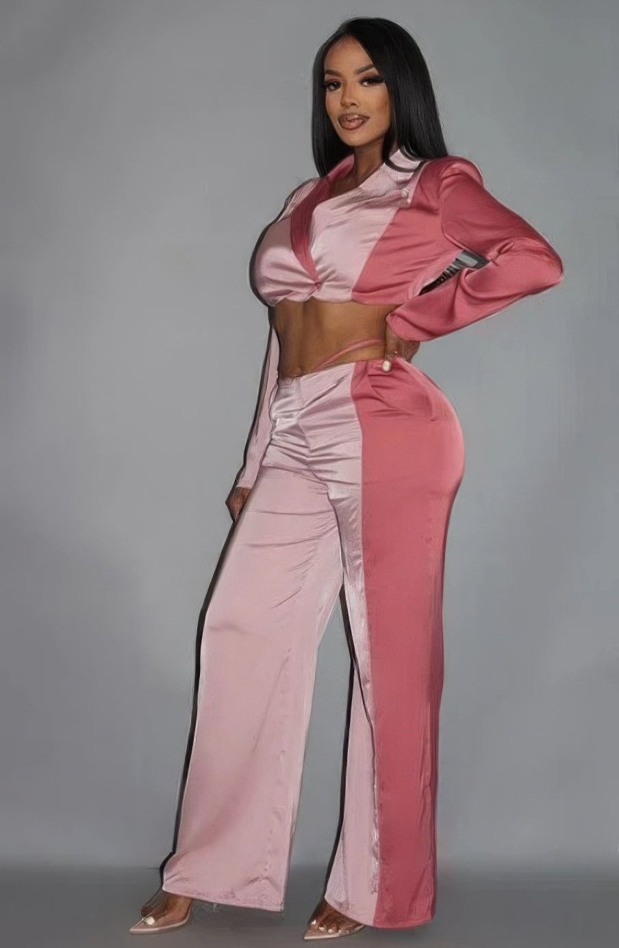 Colorblock Crop Blazer With Matching Low Rise Wide Leg Pant Set With Pockets