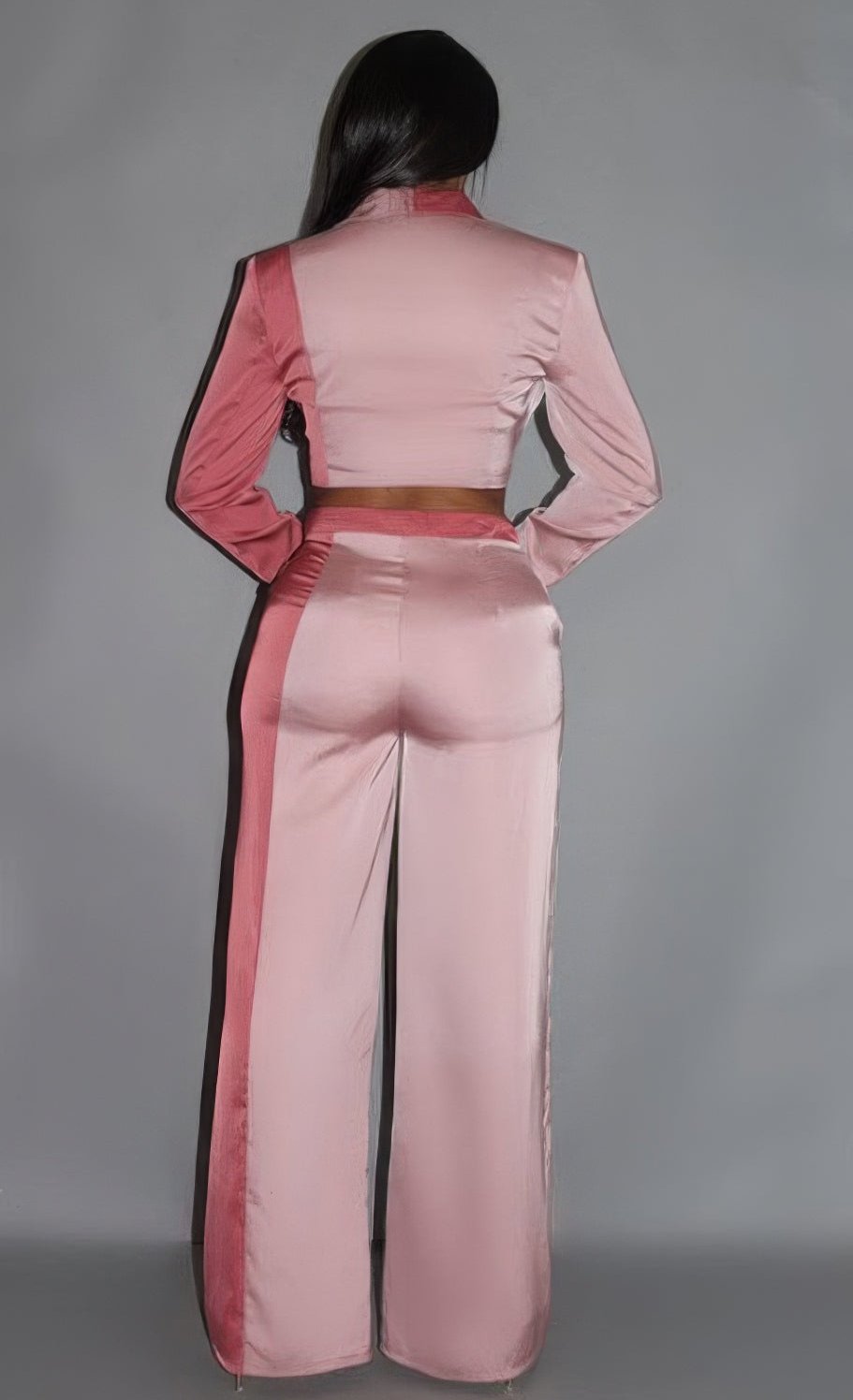 Colorblock Crop Blazer With Matching Low Rise Wide Leg Pant Set With Pockets