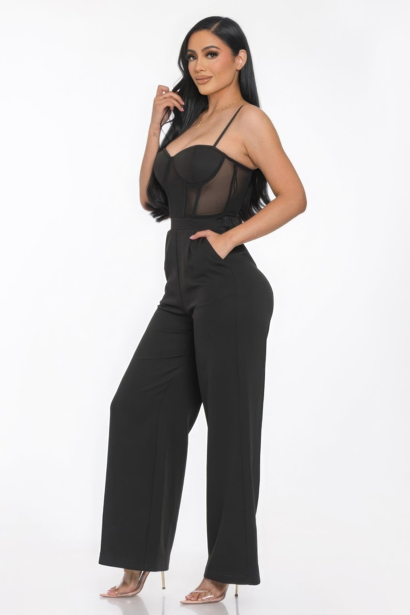 Combinaison jambe large avec empiècement en maille