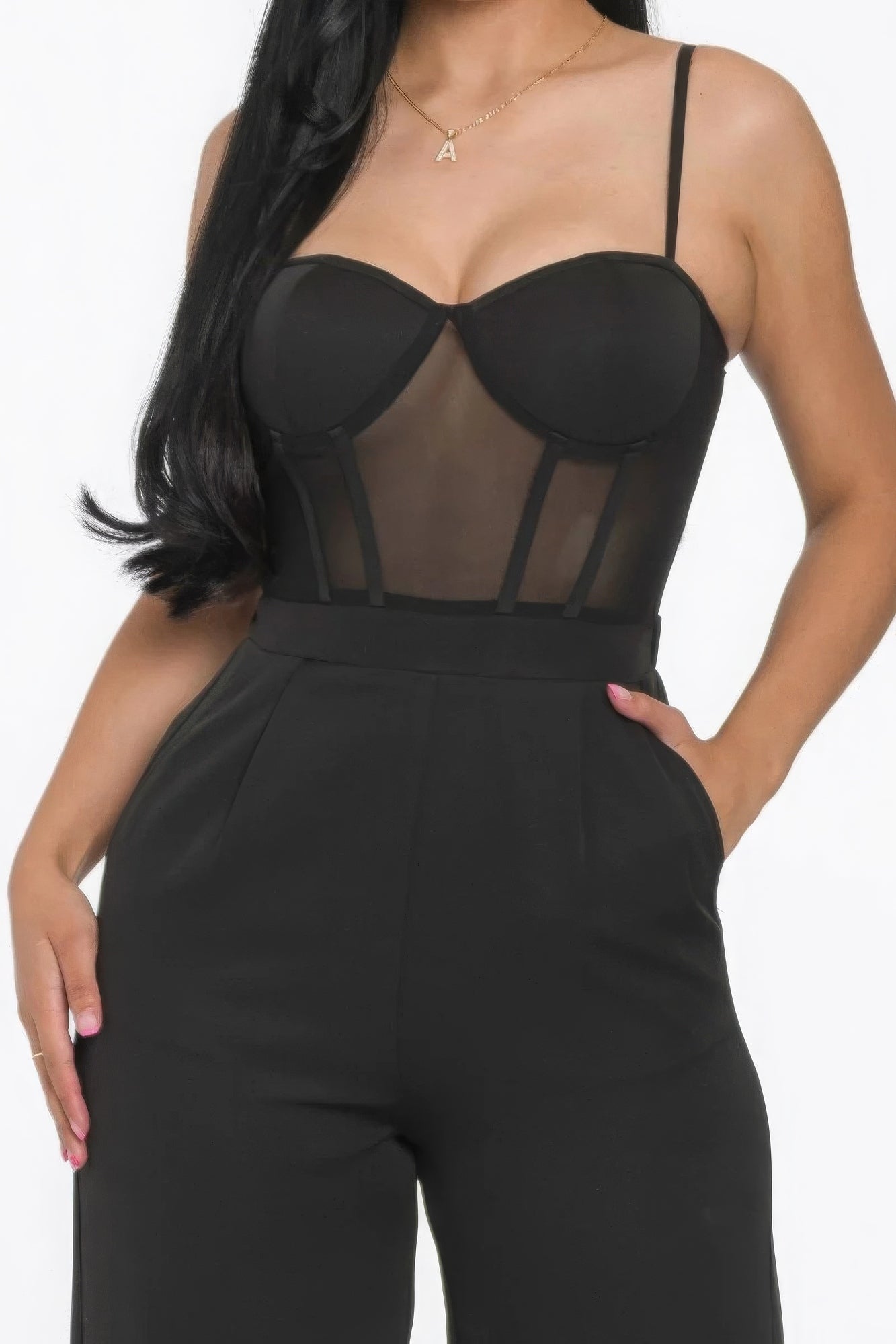 Combinaison jambe large avec empiècement en maille