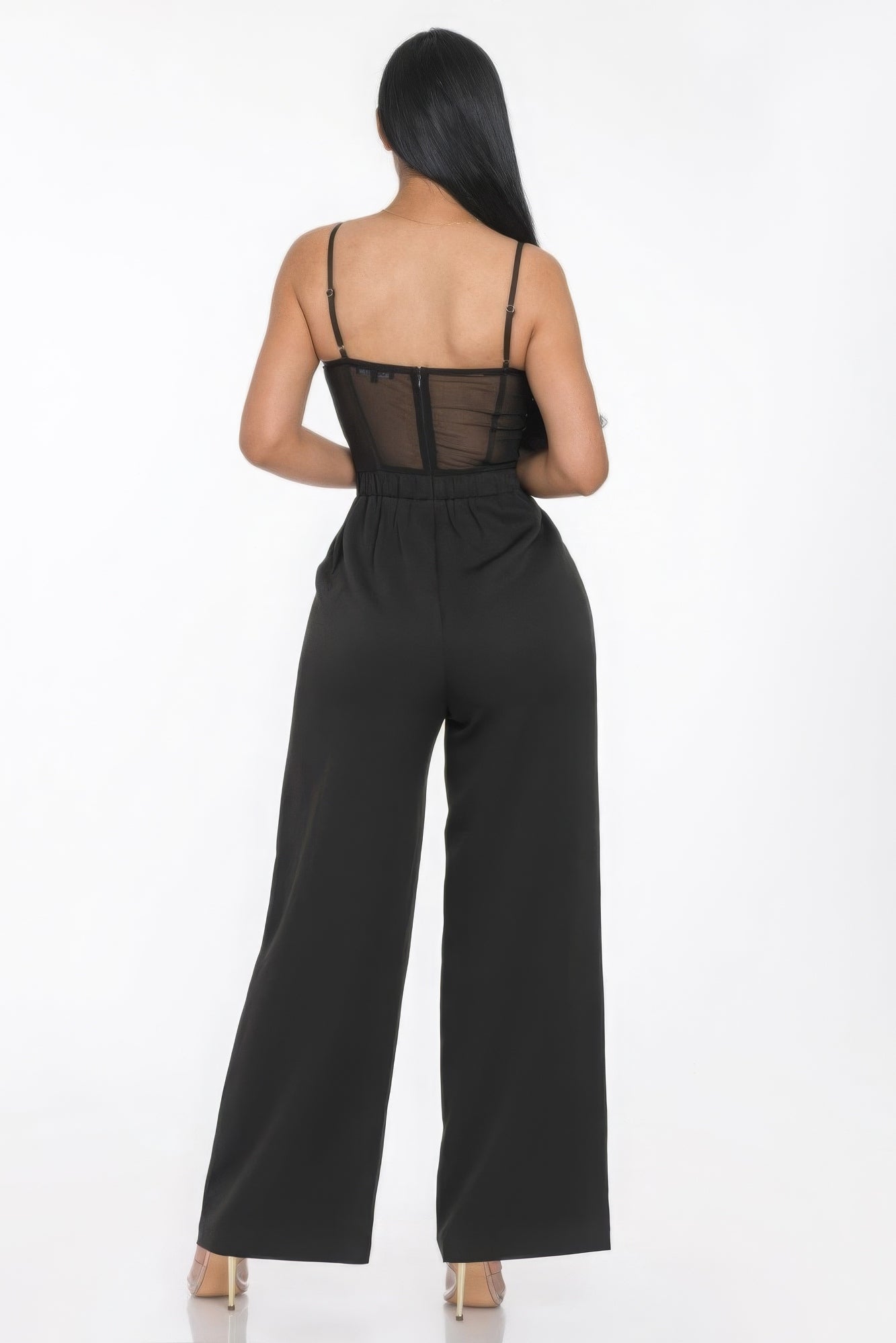 Combinaison jambe large avec empiècement en maille