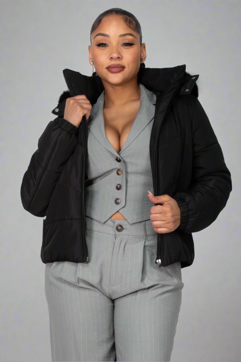 Insulated Zip-up Faux Fur Hooded Jacket