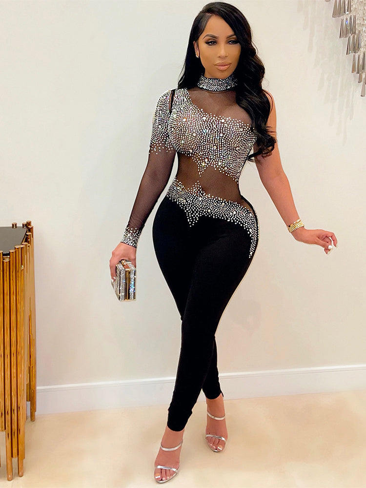 Gauze Perspective Rhinestone Long Sleeve Jumpsuits