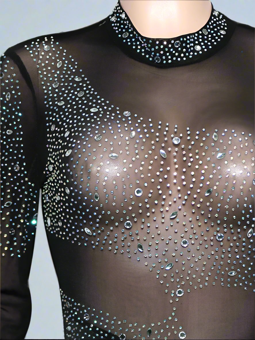 Gauze Perspective Rhinestone Long Sleeve Jumpsuits