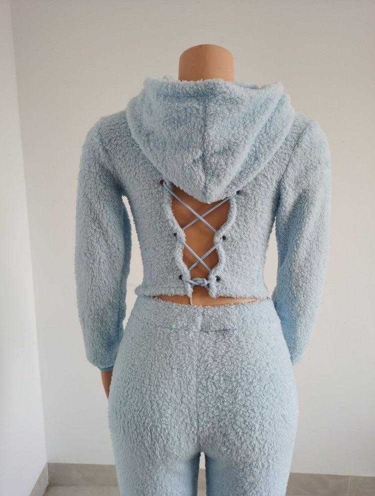 Pure Color Lace Up Women's 2-Piece Set