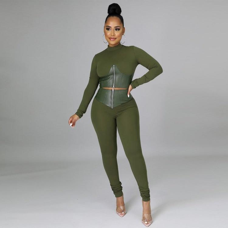 Patchwork Round Neck Bodycon Pants Sets