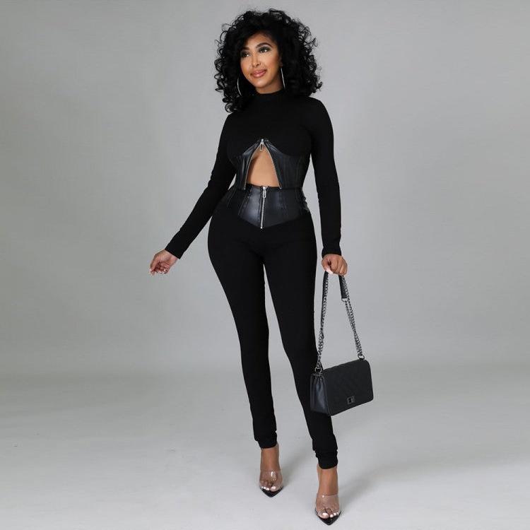 Patchwork Round Neck Bodycon Pants Sets