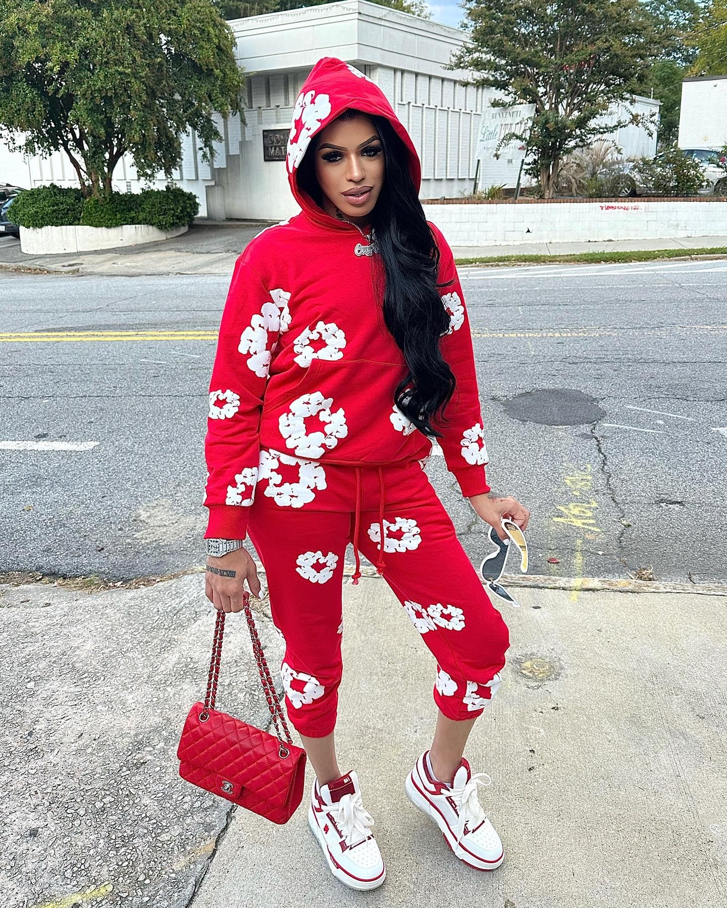 Floral Printed Loose Hooded Trouser Sets