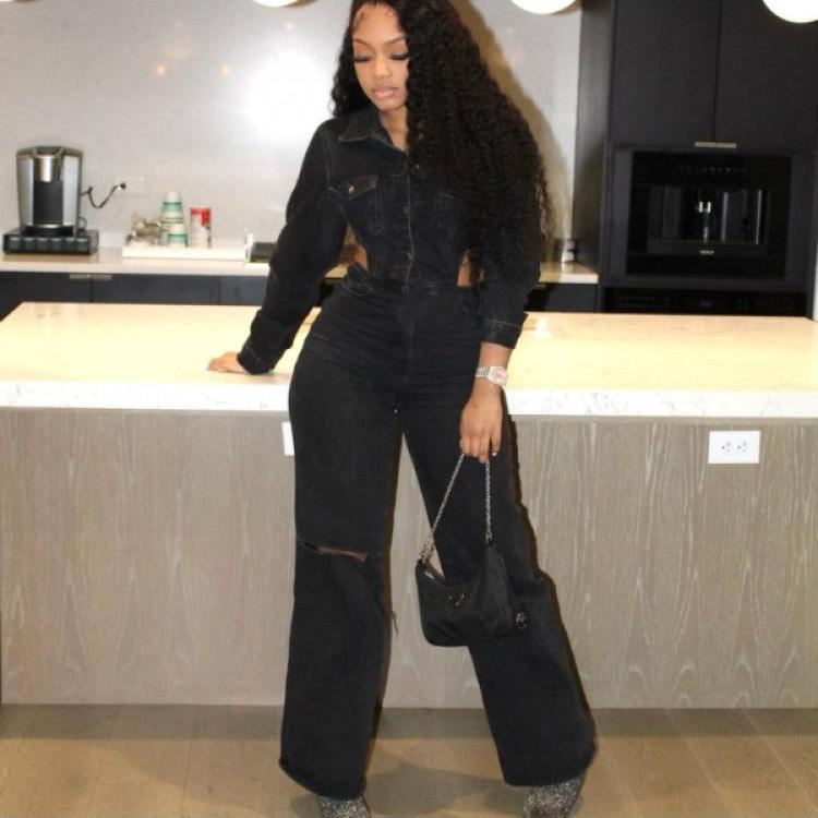 Hollow Out Collar Buckle Denim Jumpsuit