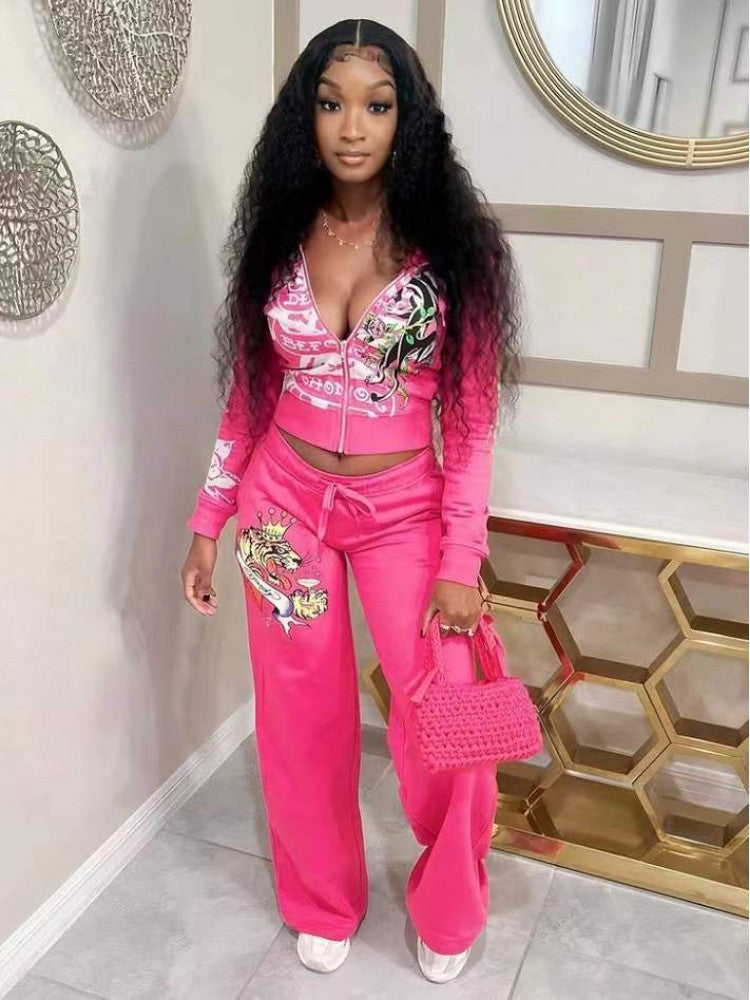 Letter Printed Fitted Zipper Hoodies Trouser Sets
