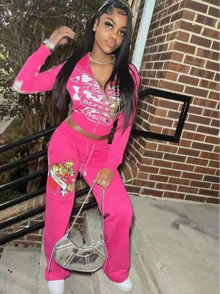 Letter Printed Fitted Zipper Hoodies Trouser Sets