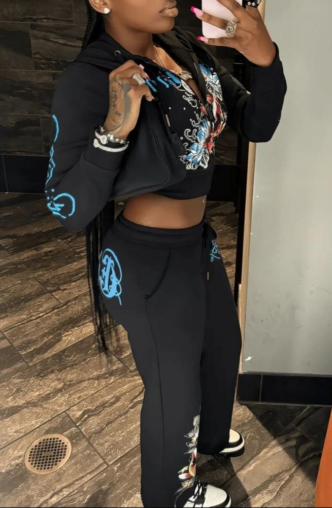 Printed Zipper Cropped Hoodies Sweatpants Set