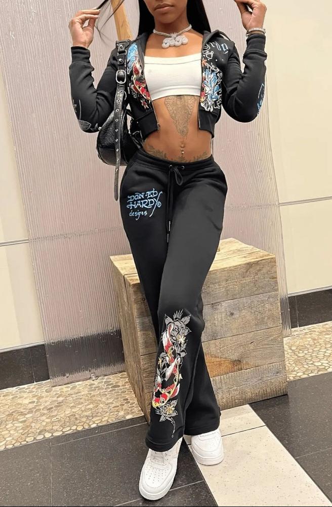 Printed Zipper Cropped Hoodies Sweatpants Set
