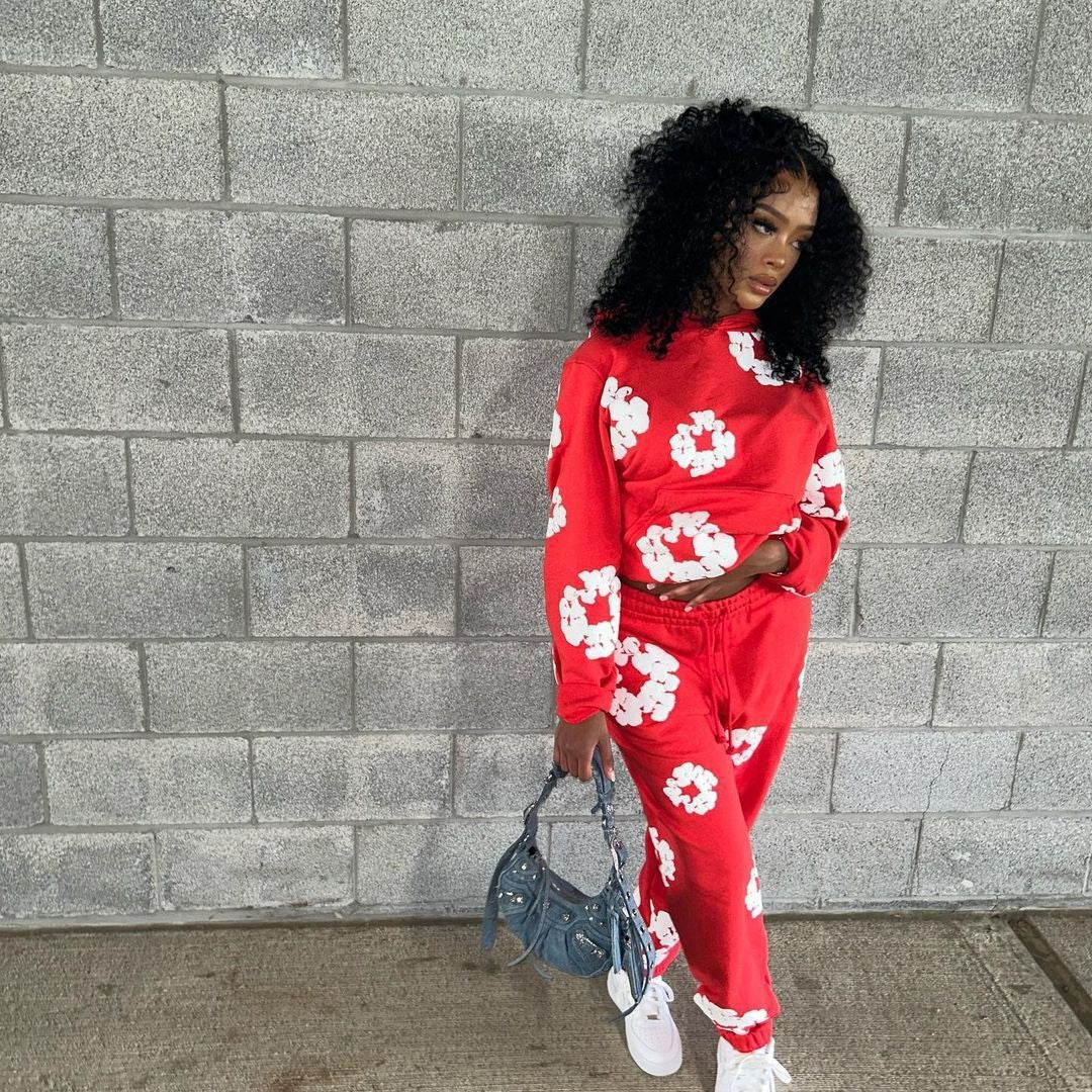 Floral Printed Loose Hooded Trouser Sets