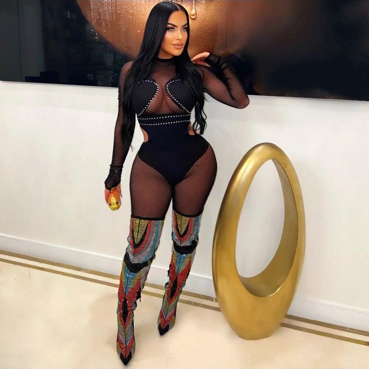 See Through Embellished Hollow Out Jumpsuit