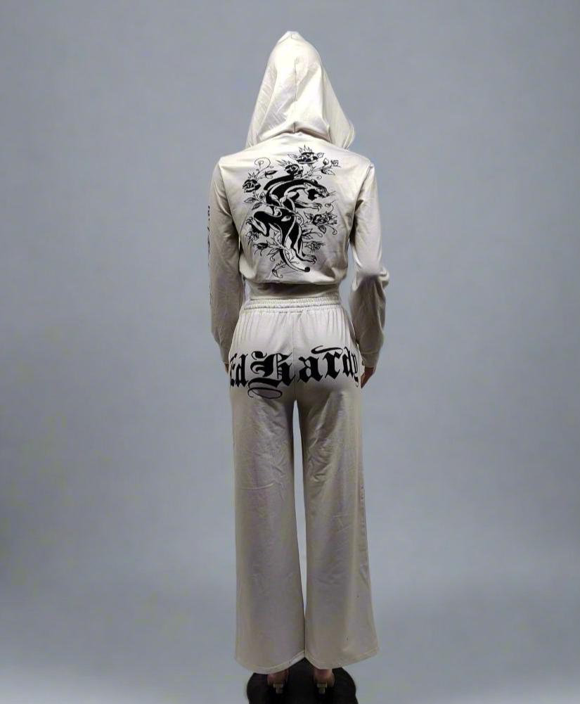 Letter Skull Printed Zipper Cropped Hoodies Suit