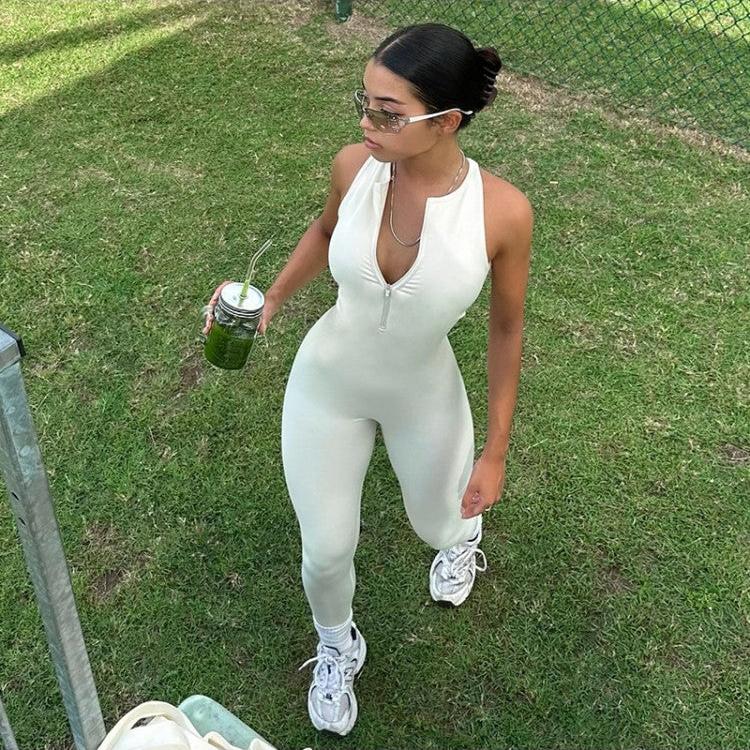 Solid Color Hollow Out Zipper Jumpsuit