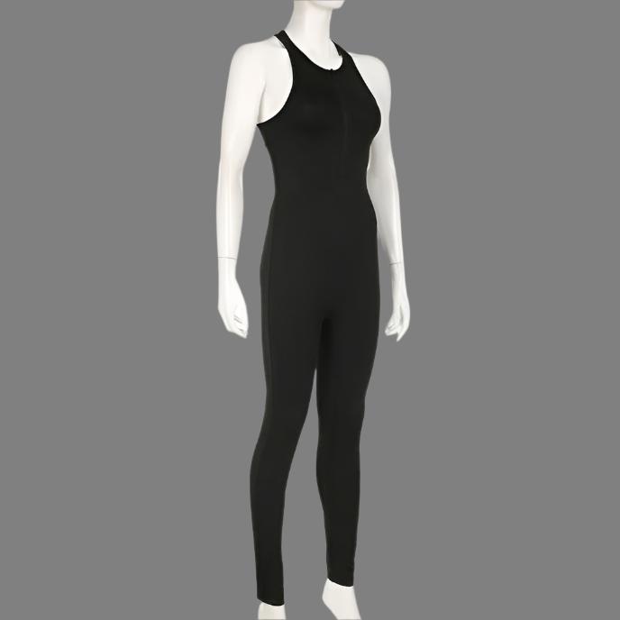 Solid Color Hollow Out Zipper Jumpsuit