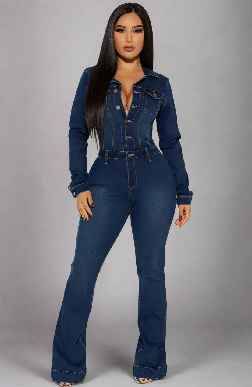 Patchwork Denim Collar Buckle Flare Jumpsuit