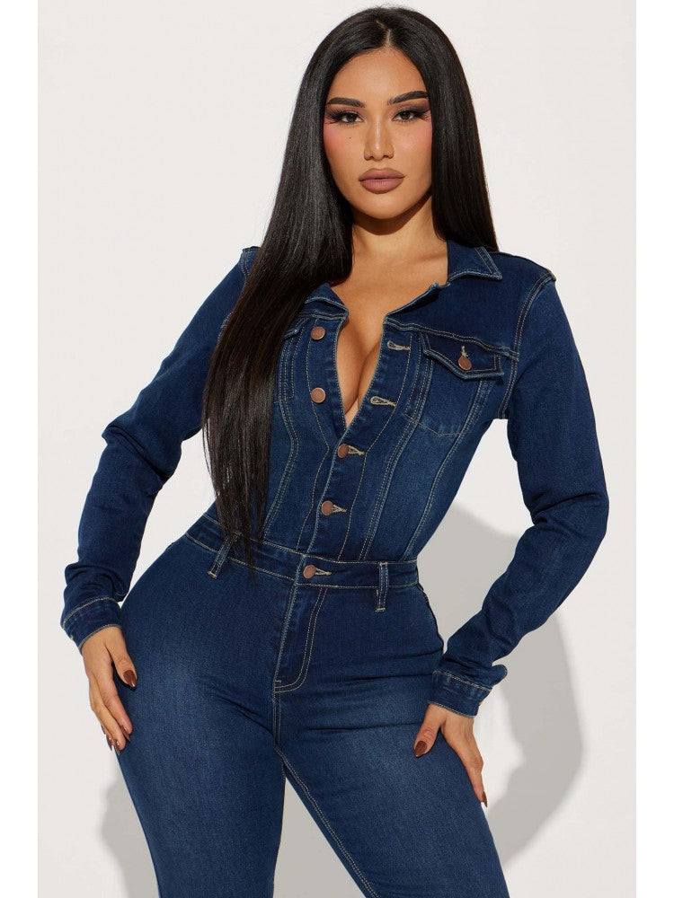 Patchwork Denim Collar Buckle Flare Jumpsuit