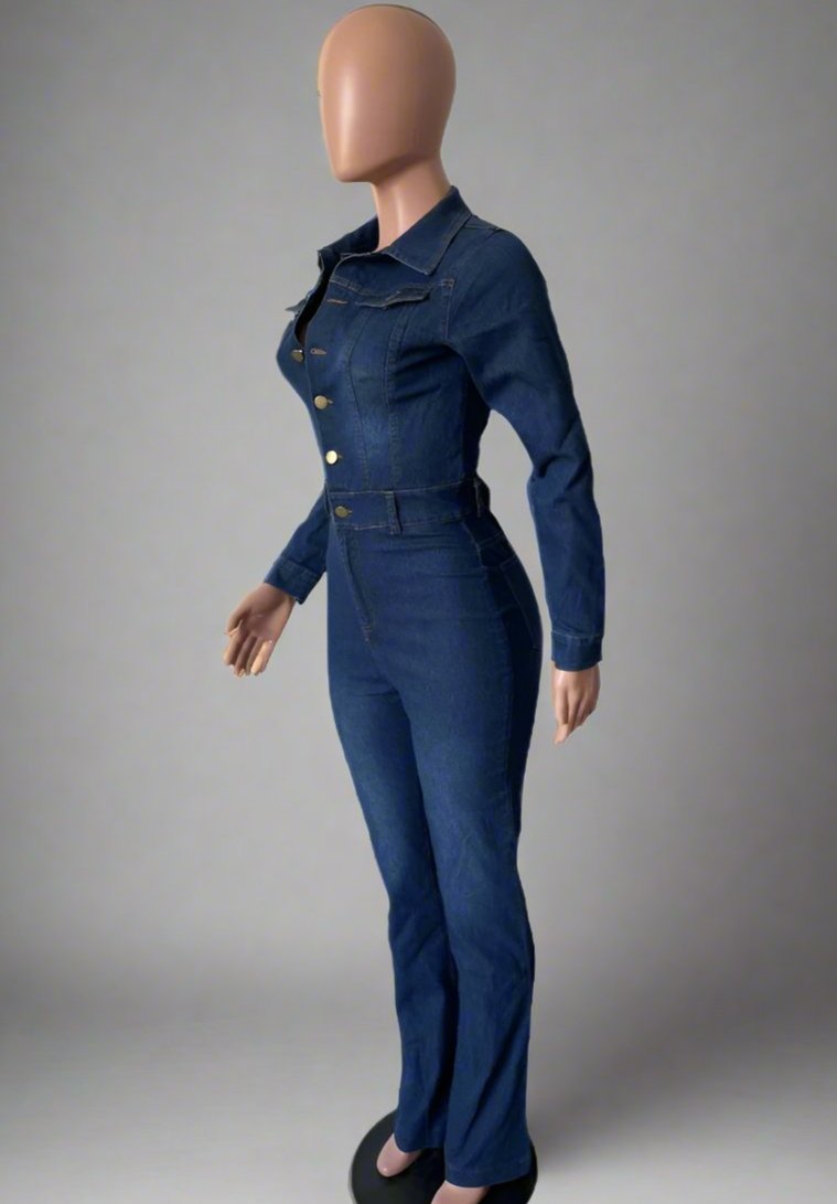 Patchwork Denim Collar Buckle Flare Jumpsuit