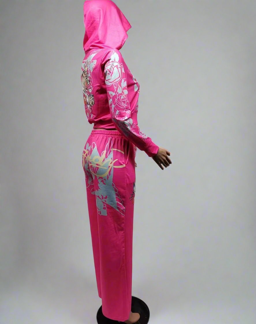 Letter Printed Fitted Zipper Hoodies Trouser Sets