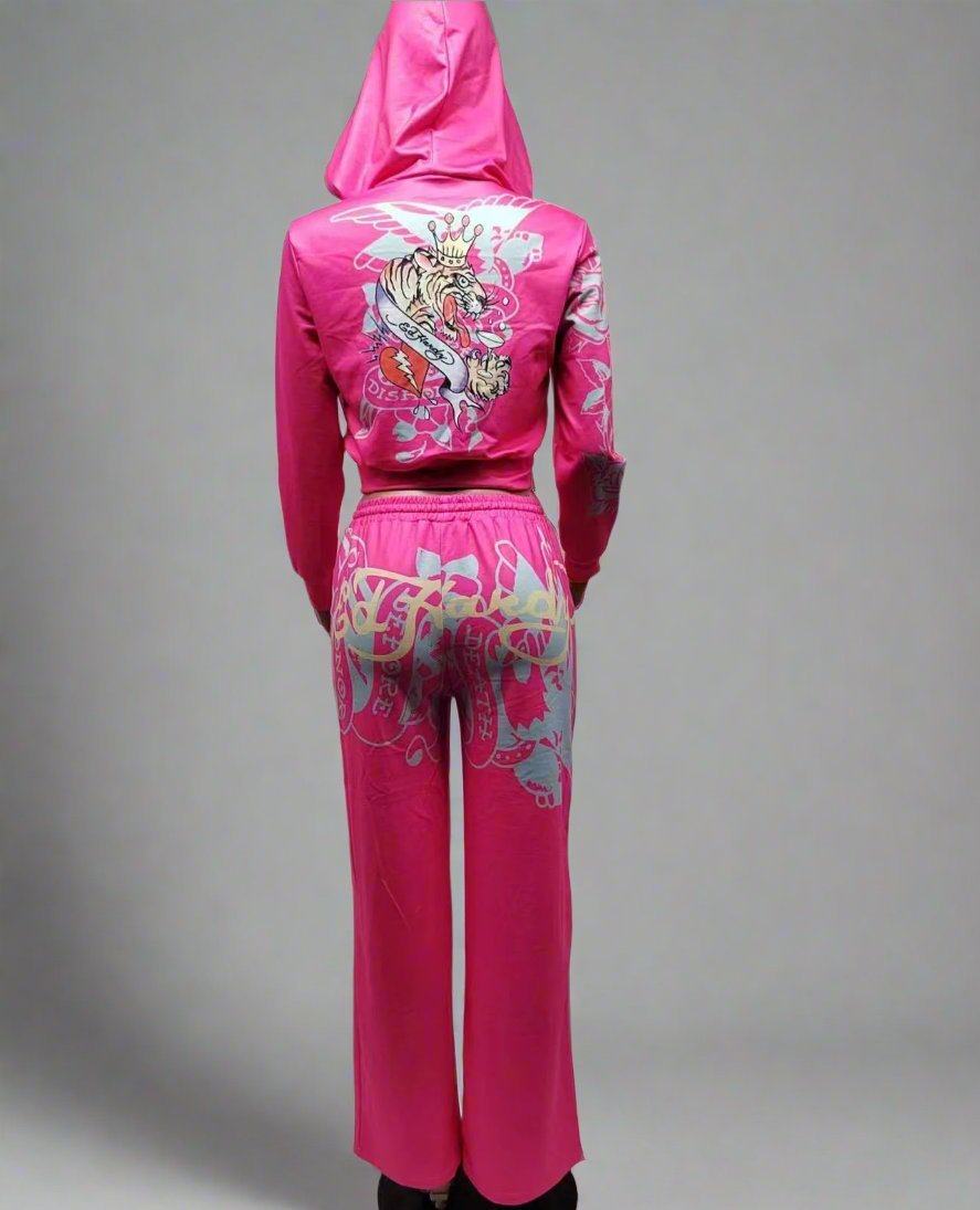 Letter Printed Fitted Zipper Hoodies Trouser Sets