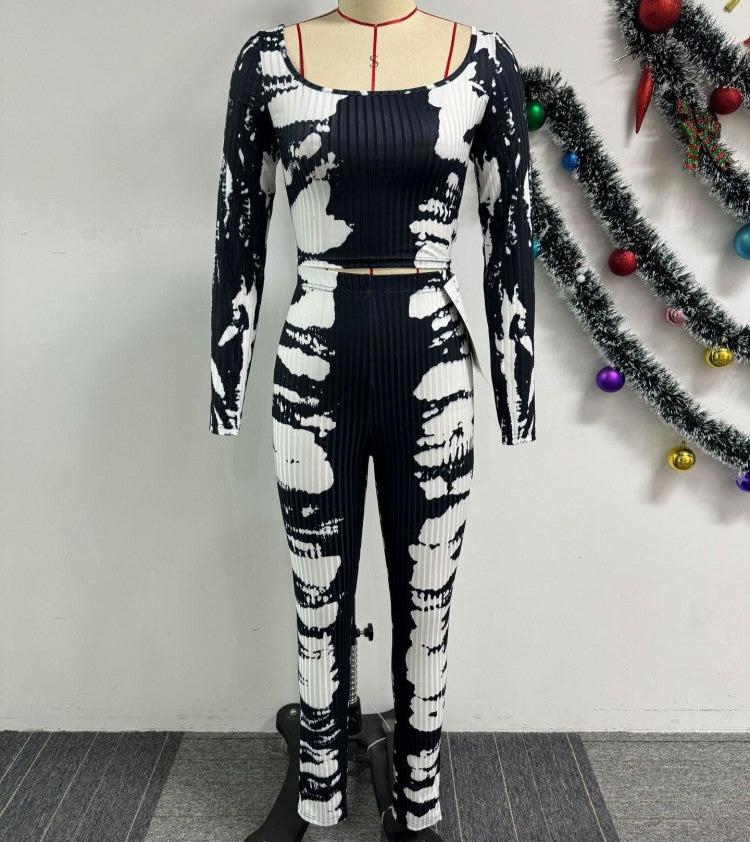 Tie Dye Colorblock Square Neck Fitted Pants Sets
