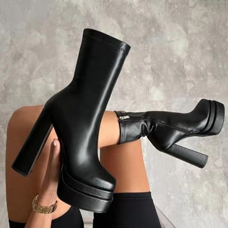 Pure Color Chunky Heels Platforms Boots