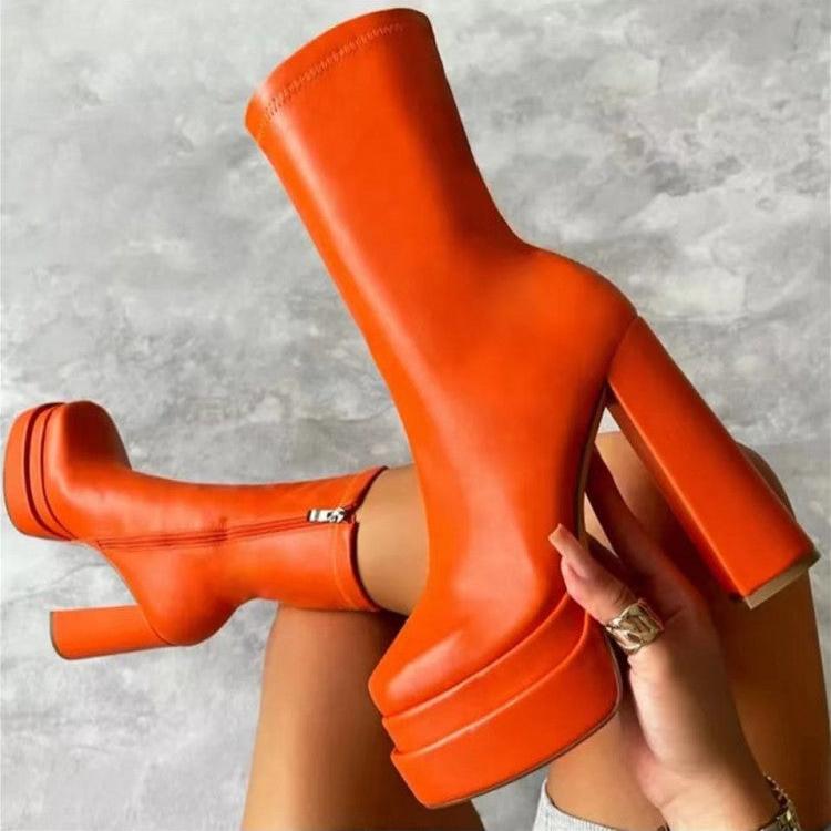 Pure Color Chunky Heels Platforms Boots