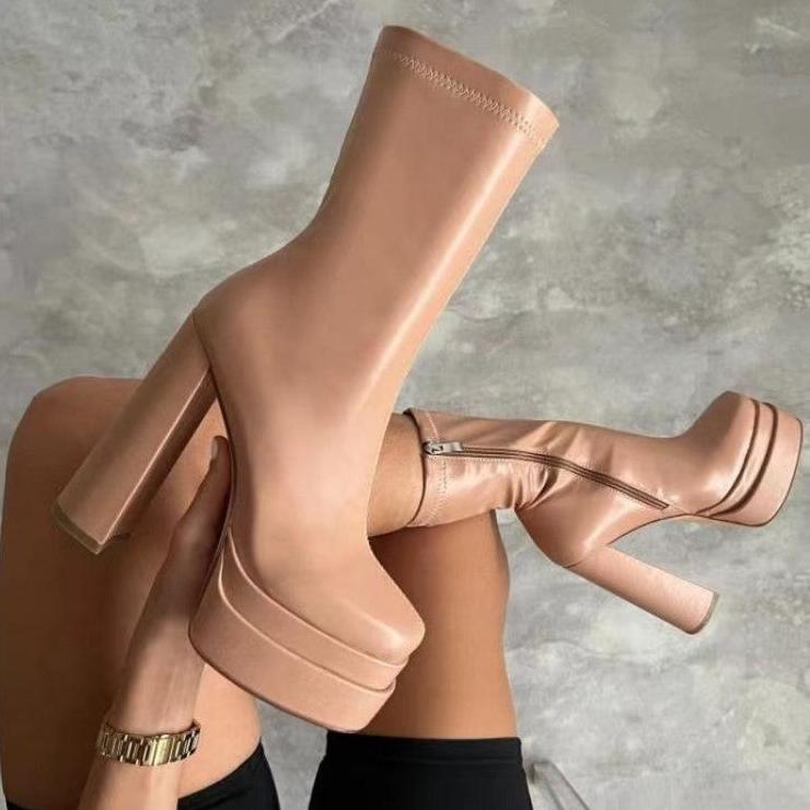 Pure Color Chunky Heels Platforms Boots