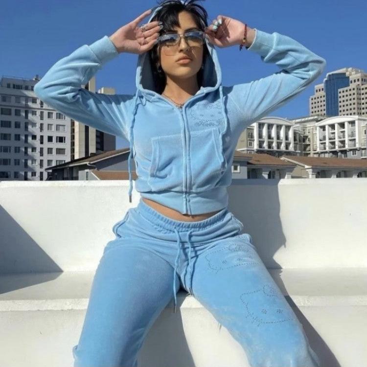 Hooded Velvet Zipper Trouser Sets