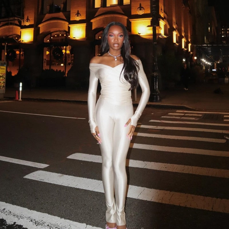 Off Shoulder V Neck Fitted Trouser Sets