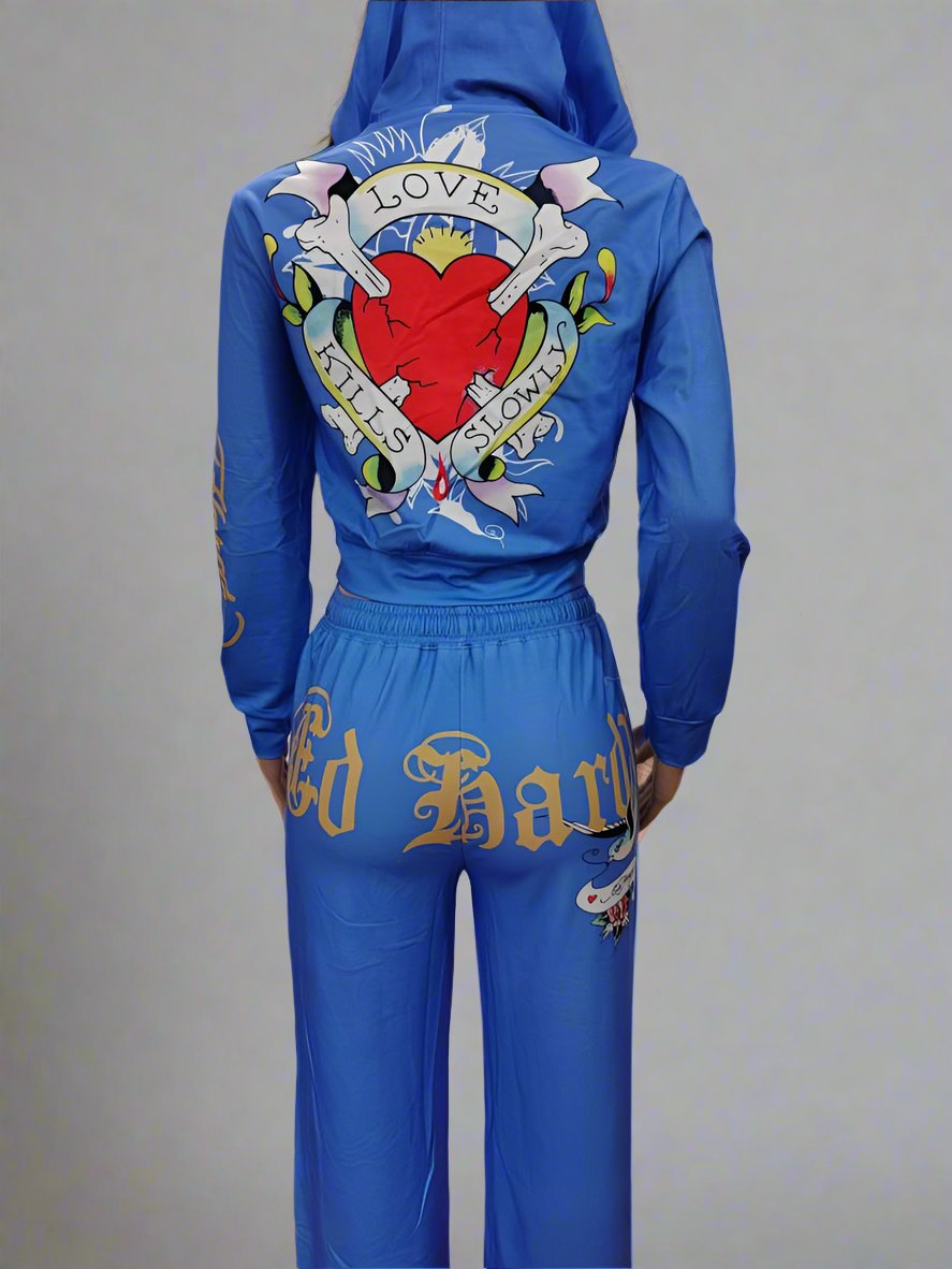Bird Printed Zip Up Cropped Hoodie Pants Sets