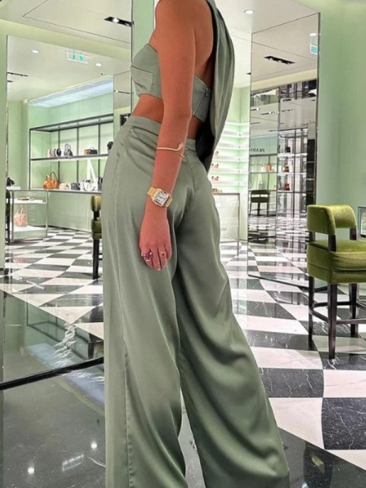 Solid Color Halter Neck Fitted Trouser Sets