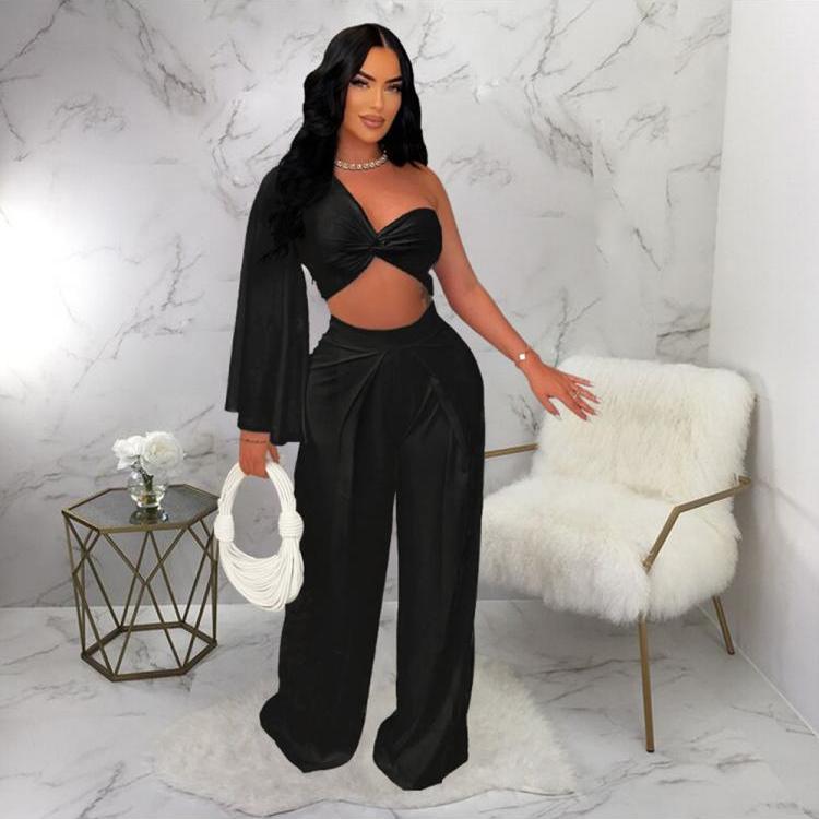 Patchwork High Rise Wide Leg Pant Sets