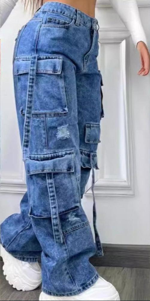 Patchwork High Rise Cargo Jeans