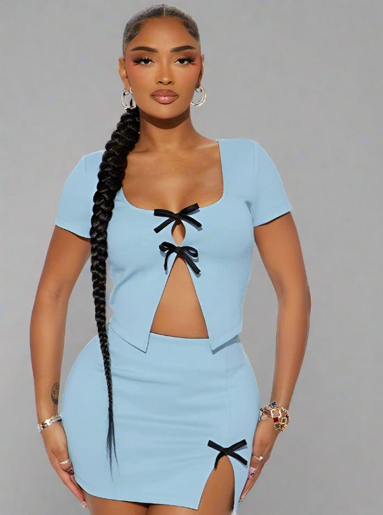 Bow Lace Up Cropped Skirt Set