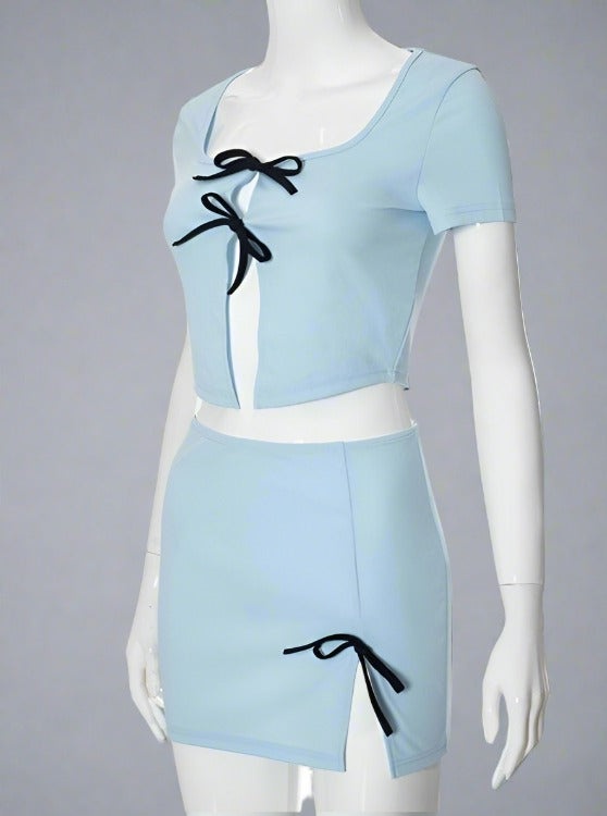 Bow Lace Up Cropped Skirt Set