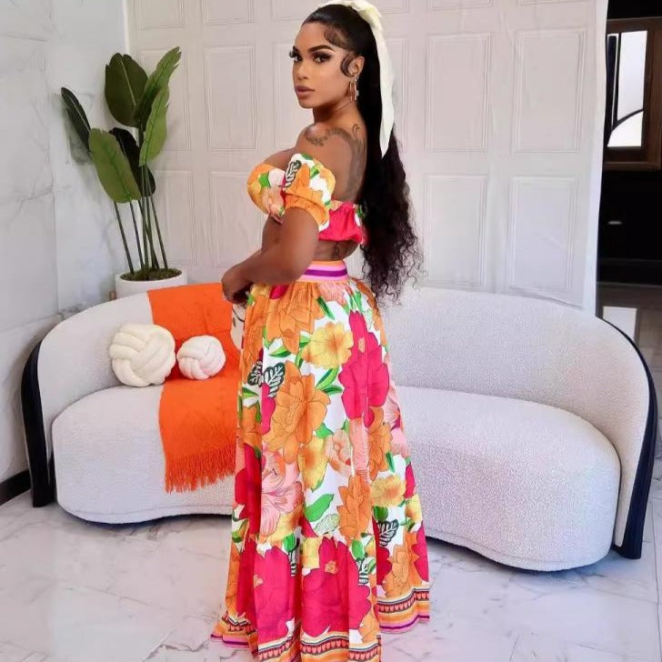 Boat Neck Off Shoulder Cropped Skirt Sets