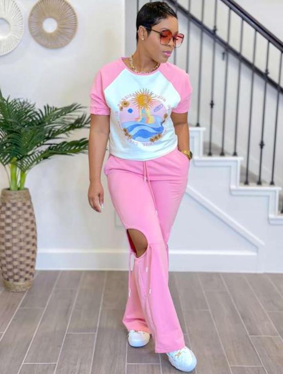 Cartoon Printed Drawstring Cutouts Pant Set