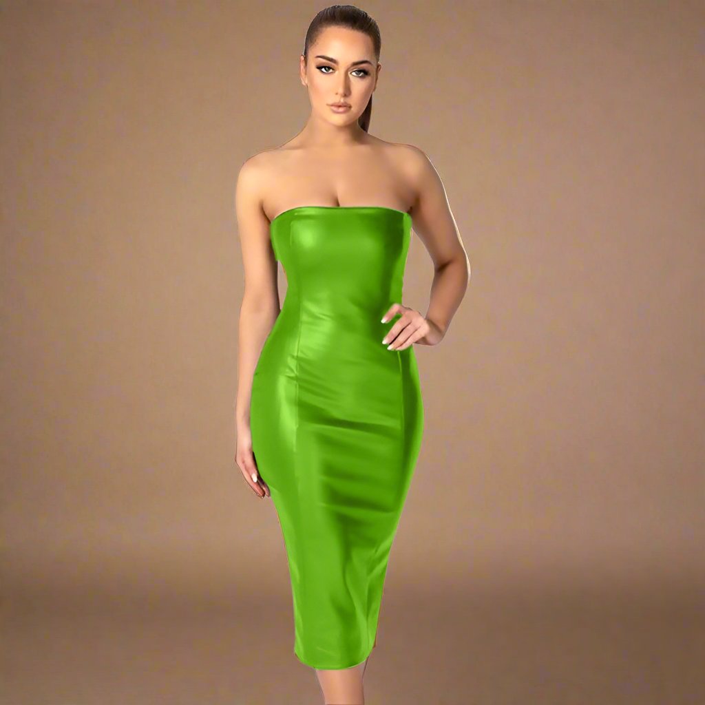Patchwork PU Strapless Split Hem Midi Dress