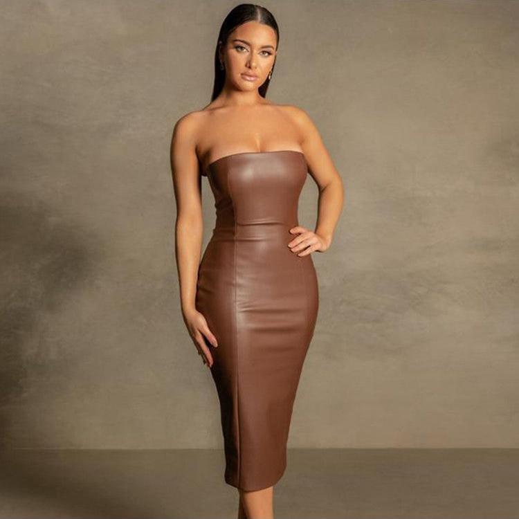 Patchwork PU Strapless Split Hem Midi Dress