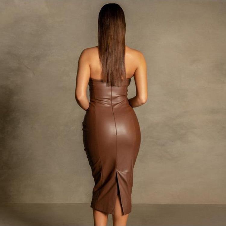 Patchwork PU Strapless Split Hem Midi Dress